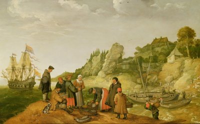 Fisherman unloading and selling their catch on a rocky shoreline by Adam Willaerts